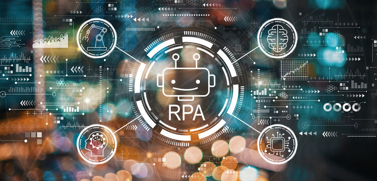 Robotic Process Automation theme with blurred city lights