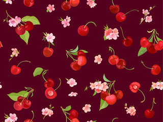 Watercolor cherry seamless pattern. Summer berries, fruits, leaves, flowers background