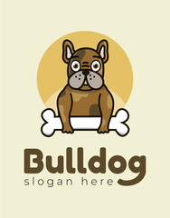 Bulldog logo with a huge bone in his hands. Vector image.