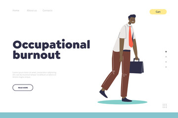 Occupational burnout concept of landing page with tired exhausted office worker walk to work