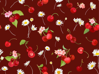 Watercolor cherry seamless pattern. Summer berries, fruits, leaves, flowers background