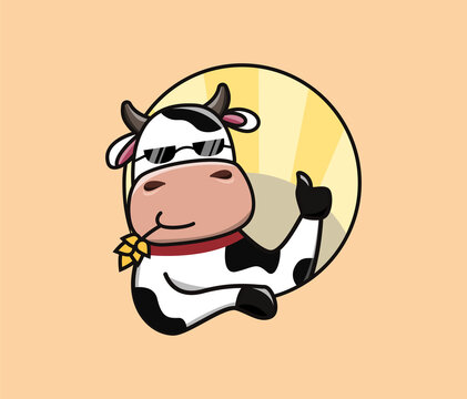 Logo with a cow showing class on the background of the field in sunglasses. Vector image.