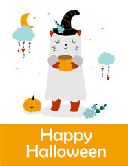 Cute halloween, childish character cat in ghost costume with funny pumpkin and clouds. Vector illustration in flat style.