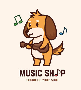 Logo dog playing ukulele. Music. Vector image.