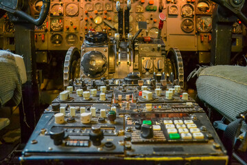 Control panel inside the plane. Photo taken with vintage models of military aircraft and fighters of the United Kingdom