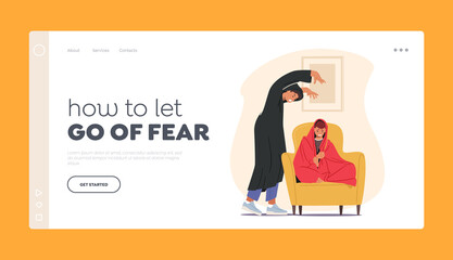 Fear Landing Page Template. Male Character Telling Scary Stories to Frightened Boy Sitting on Bed Hiding under Blanket