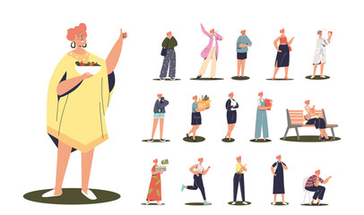 Set of cartoon young woman vegan holding bawl with vegetable salad in different situations and poses