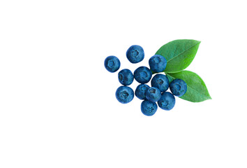 Pile of fresh blueberries with green leaves isolated on white background.