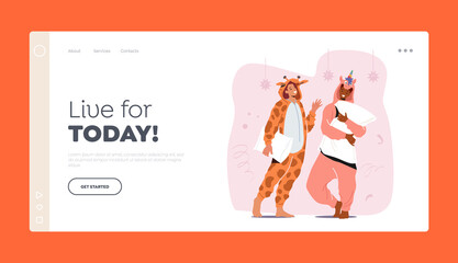 People in Kigurumi Pajamas Landing Page Template. Young Man and Woman Wearing Animal Costumes Unicorn and Giraffe