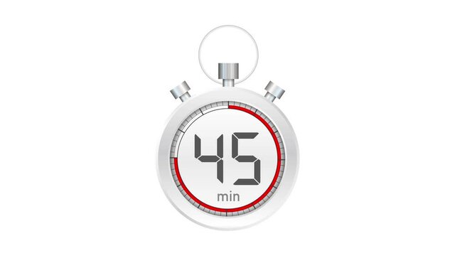 The 45 minutes, stopwatch icon. Stopwatch icon in flat style. Motion graphics.