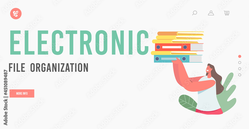 Poster electronic files organization landing page template. female business character with folders and pape