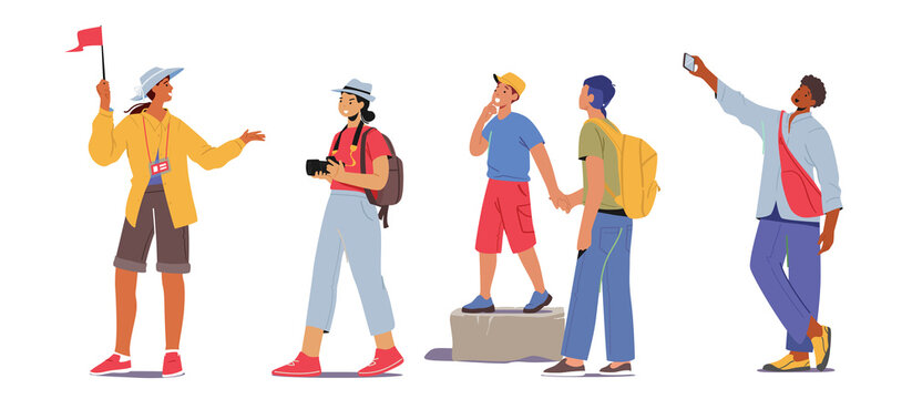 Set Tourists Group Excursion. Young People with Backpacks and Photo Cameras Traveling. Male and Female Characters, Guide