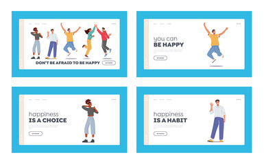 People Feel Positive Emotions Landing Page Template Set. Male Female Characters Give Highfive, Show Ok Gesture, Jump