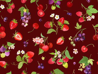 Watercolor cherry, strawberry, raspberry, black currant seamless pattern. Summer berries, fruits, leaves