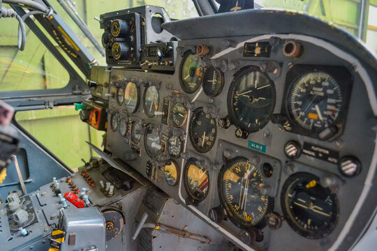 Control panel inside the plane. Photo taken with vintage models of military aircraft and fighters of the United Kingdom