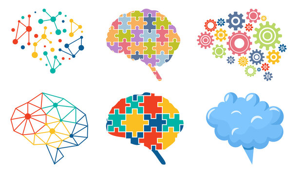Set of Icons Colorful Brain, Polygonal Shapes, Puzzle Pieces, Cogwheels, Cloud or Speech Bubble, Neural Connections
