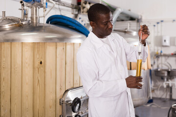 Fototapeta na wymiar Young man brewer cin uniform hecking quality of beer in flask in brew-house indoor