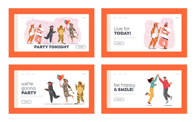Kigurumi Pajama Party Landing Page Template Set. Young People in Animal Costumes Unicorn, Donkey, Zebra, Giraffe