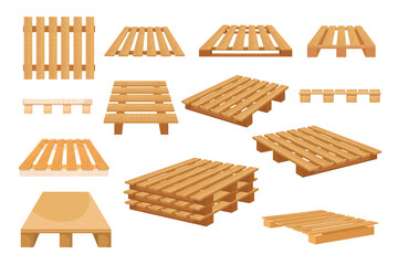Set of Icons Wooden Pallets Isolated on White Background. Wood Palettes for Stacking Freight from Different Sides - obrazy, fototapety, plakaty