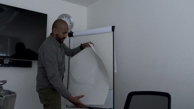 Bald Ethnic Minority UK Male Tearing Flipchart Paper In Meeting Room. Locked Off