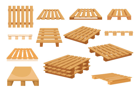 Set of Icons Wooden Pallets Isolated on White Background. Wood Palettes for Stacking Freight from Different Sides