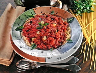 spaghetti with tomato and eggplant sauce