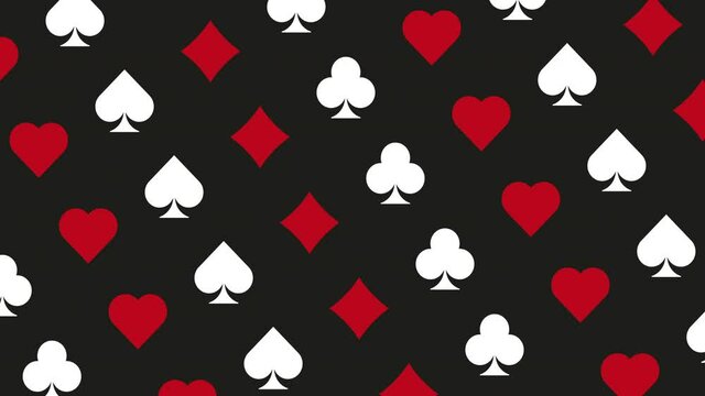 Minimal pattern with rotating playing card symbols (Diamonds, Clubs, Hearts, and Spades) on a black background. Creative gambling concept animation