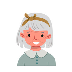 Cartoon gray-haired old woman avatar with short hair. Funny old character avatar on a white background. Vector woman stylized with white collar