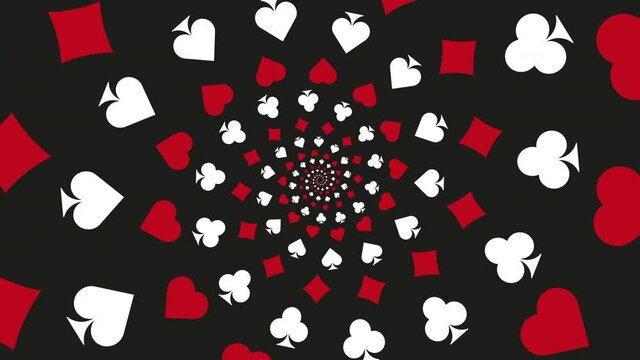 Animated playing card symbols on a black background. Diamonds, Clubs, Hearts, and Spades in simple motion graphic spiral