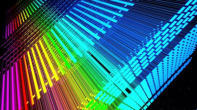 Vj abstract sci fi futuristic bg. Fly over 3d multilayer hologram complex pattern. Neon light rainbow color gradient. Isometric view. Simple shapes periodic pattern. Like on conveyor belt. Rectangles