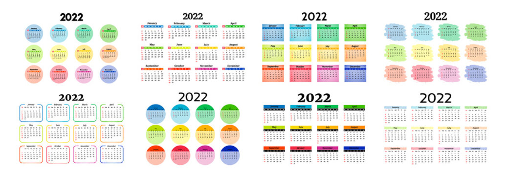 Calendar for 2022 isolated on a white background