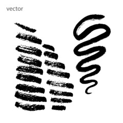 Vector images of brush strokes. Cross strokes, curl. Black on a white background. Doodle. Calligraphic style. Ink style. Hand drawing