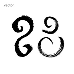 Vector images of brush strokes. Freeform curls. Black on a white background. Doodle. Calligraphic style. Ink style. Hand drawing