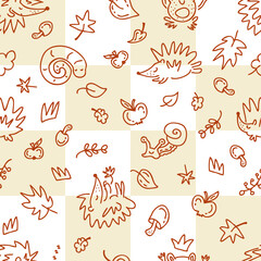 Fototapeta premium Seamless pattern of hedgehogs and autumn elements doodles on a checkered background. Perfect for fabric, scrapbooking, textile and prints. Sketch style vector illustration for decor and design. 