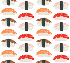 Vector seamless pattern of hand drawn doodle sketch colored sushi roll isolated on white background