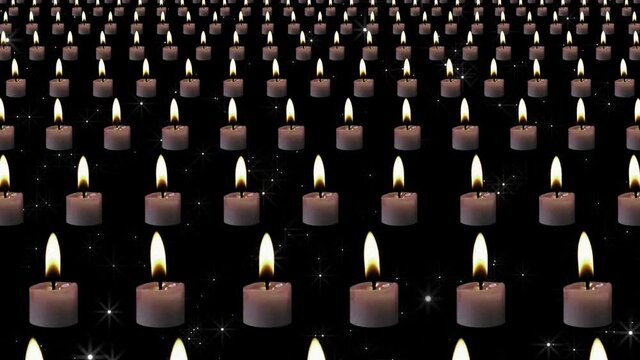 Candles. Flying burning candles in perspective. Video art for a minute of silence, memory, repentance, reverence for the fallen, prayer.