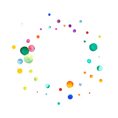 Watercolor confetti on white background. Admirable rainbow colored dots. Happy celebration square colorful bright card. Sublime hand painted confetti.