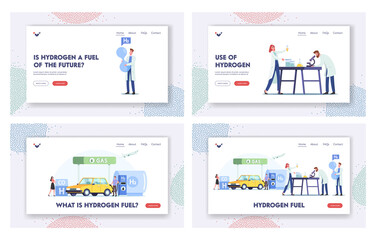 Naklejka na ściany i meble Hydrogen Fuel Landing Page Template Set. Characters Refueling Car on Station. Man Pump Petrol for Charging Auto