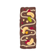 Chocolate muesli bar with peanuts, pistachios, dried cherry pieces and candied fruits. An organic, vegan, gluten-free dessert. Sports nutrition. Vector isolated on white background.