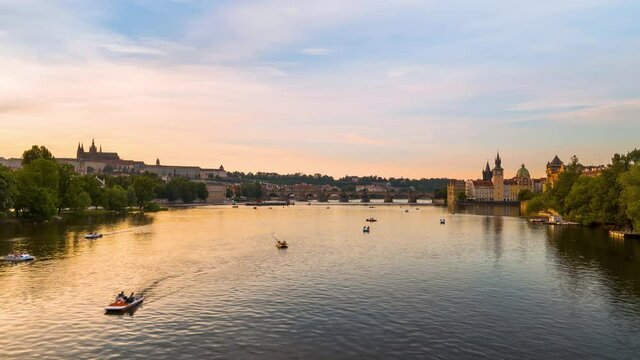 Prague - Czech Republic Downtown view of cityscape Vltava river - day to night Timelapse