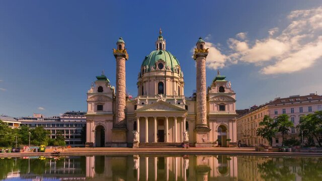 Karlskirche on the Karlsplatz square, Vienna Downtown - Austria Day with Clouds Timelapse