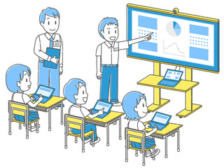 タブレットを活用した授業で、みんなの前で発表する生徒