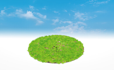 Obraz na płótnie Canvas 3d rendering, circle podium of land meadow. Soil ground cross section with green grass over blue sky background.