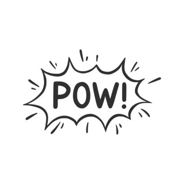 Hand drawn cloud speech bubble element with pow text. Comic doodle sketch style. Explosion cloud icon. Isolated vector illustration.