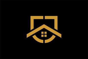 Real estate logo design. Shield house abstract symbol. Outline shield and home icon vector.
