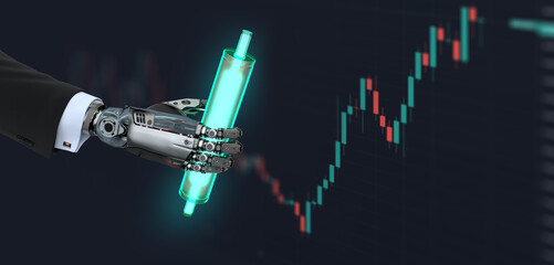 Technical analysis artificial intelligence, financial stock market robot holding japanese...