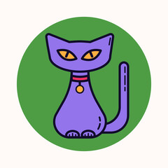 Halloween magic violet cat. Cute simple linear flat icon. Colorful isolated illustration. Vector design.