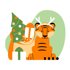 The tiger cub accepts New Year's gifts.Vector illustration in a flat cartoon style. The symbol of the year. Drawing for holiday cards, posters,stickers.