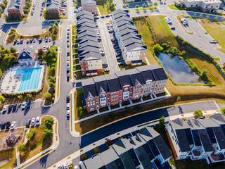 Aerial drone view of residential area of a small town