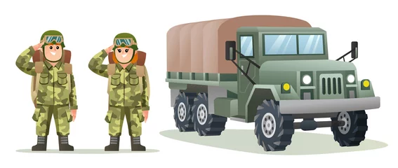 Fotobehang Cute boy and girl army soldier carrying backpack characters with military truck cartoon illustration © YG Studio